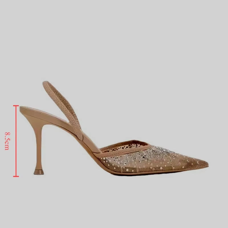 2025 Summer New Women'S Sandals Water Diamond Bright Mesh High Heels Footwear Elegant Slingback Pointed Slip on Party Lady Shoes