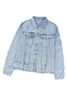 Sky Blue Lapel Distressed Raw Hem Buttons Denim Jacket