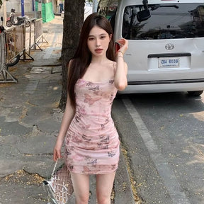 Sexy Backless Bandage Dresses Women Summer Printed Spaghetti Strap Lace-Up Dress