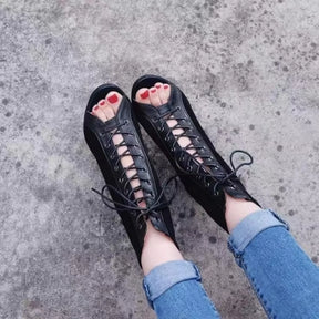 Sandals Hollow Mesh Heels Women'S Shoes Summer 2022 Trend Black Lace-Up Sexy Peep Toe Boots Stilettos Jazz Dance Female Shoes