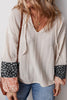 Beige Floral Patchwork Textured Knit Drawstring V Neck Blouse