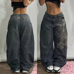 Streetwear New Vintage Letter Printing Washed Baggy Jeans Women Y2K Harajuku Hip Hop Popular Gothic High Waist Wide Leg Pants