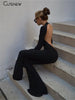 Solid Black Sexy Backless Bodycon Wide Leg Jumpsuit Women Autumn Casual Slim Long Sleeve O-Neck Playsuit Lady Streetwear