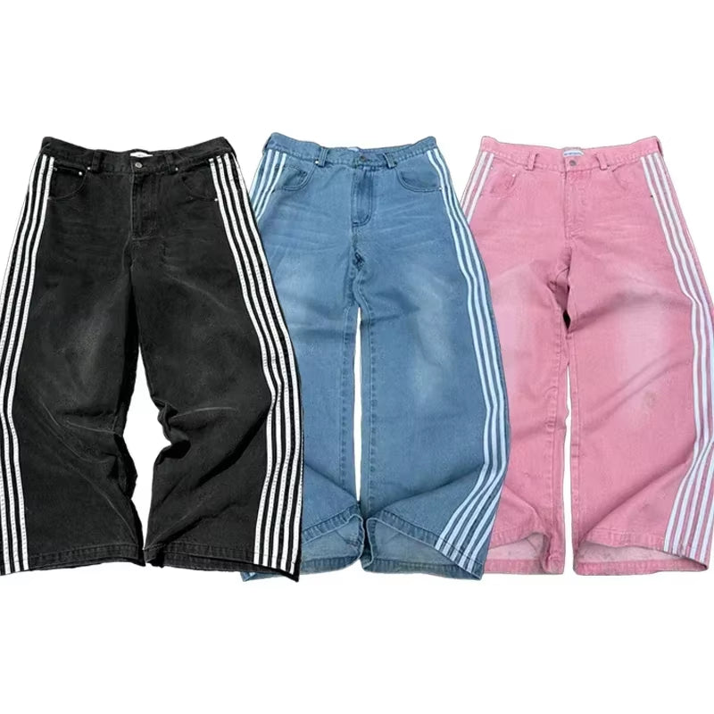 New Y2K Jeans Baggy High Quality Embroidered Striped Harajuku Sweatpants Hip Hop Streetwear Casual Wide Leg Denim Pants Aura