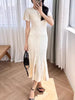 White Hollow Knitted Dress Women 2024 Summer Temperament Short Sleeve Elegant Slim Bodycon Party Dress 5240125