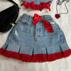 Y2K New Fashion Outfits Denim Skirt Suit Harajuku Sexy Bow Slim Tube Tops Low Waist Mini Skirt Goth Kawaii Womens Clothing