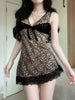 Leopard Lace Trim V-Neck Women Short Dresses Slim Sexy Gyaru High Fashion Bow Lace up Camisole Dresses