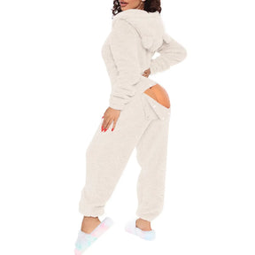 Homewear Pajamas Jumpsuits Women Autumn Winter Long-Sleeved Hooded Trousers Rompers Plush Loungewear Pajamas Jumpsuit Outfits