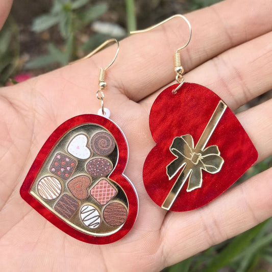 Glitter Acrylic Valentine'S Day Red Colour Heart Gift Box Pendant Earrings for Women Chocolate Present Bow Knot Ear Ring Jewelry