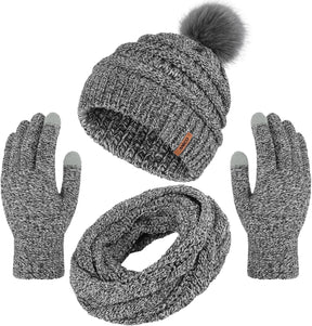 Womens Winter Warm Sets Knitted Fur Pompoms Beanie Hat Circle Loop Scarf Touch Screen Gloves Winter Favor Accessories