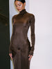 High Neck Long Sleeve Bodycon Dress for Women Tight Elastic Lace up Maxi Long Dress Autumn 2023 New Party Club Vestidos