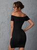 2022 Summer New Solid off the Shoulder Notched Hem Bodycon Dress