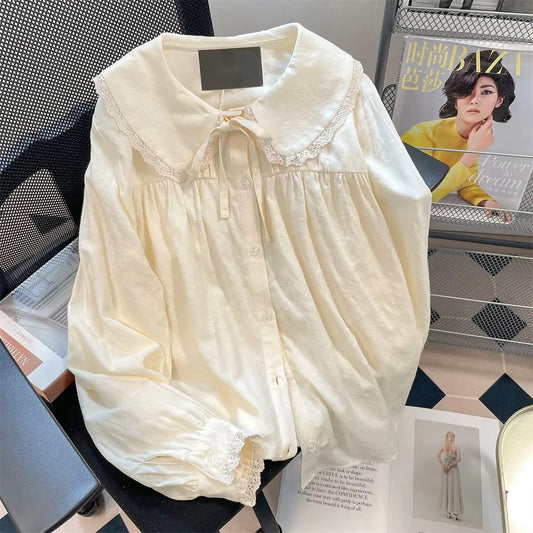 Shirt Women Peter Pan Collar All-Match Lace-Up Solid Minimalist Fashion Casual Cute Comfortable Japanese Style Female New Autumn