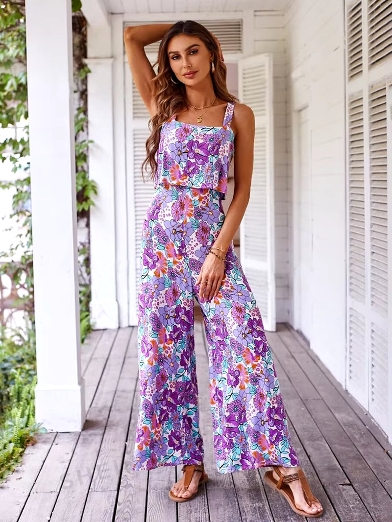 Elegant Long Jumpsuit Women Sexy Backless Wide Leg Jumpsuits Casual Sleeveless Floral Rompers Summer Clothes for Woman 2024 New