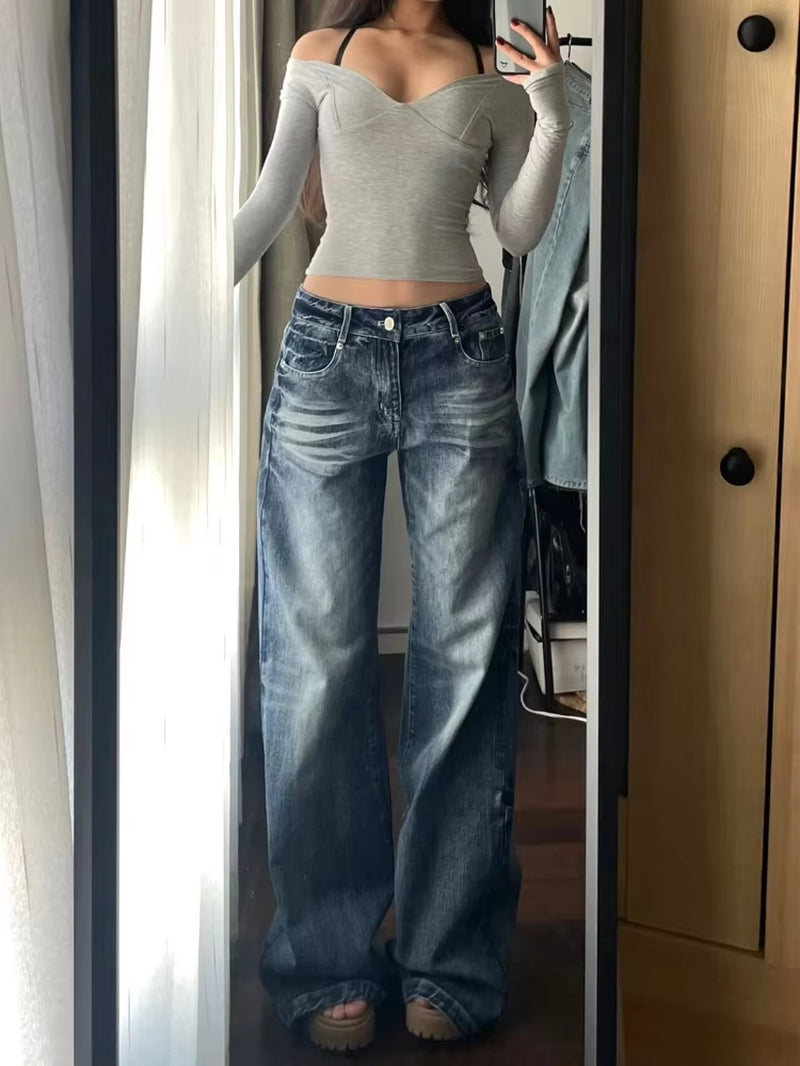 Y2K Vintage Baggy Wide Leg Jeans for Women Washed Casual High Waist Loose Denim Pants Streetwear Korean Flared Trousers