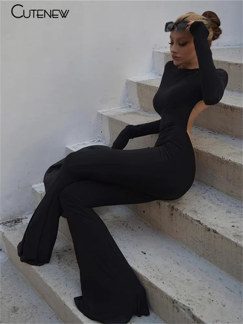 Solid Black Sexy Backless Bodycon Wide Leg Jumpsuit Women Autumn Casual Slim Long Sleeve O-Neck Playsuit Lady Streetwear