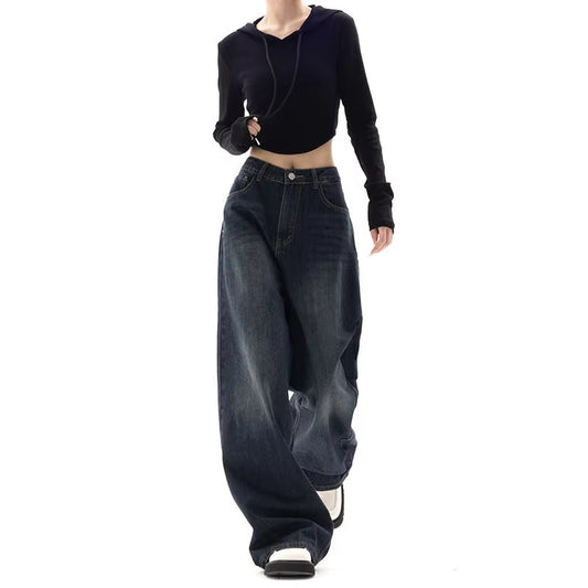 Retro Street Style Wide Leg Pants Niche Design Floor Length Pants High Waisted Loose Fit Slimming Jeans for Women