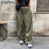 Hippie Y2K Cargo Pants Women Low Waist Sweatpant Drawstring Pockets Baggy Wide Leg Trousers Korean Vintage White Parachute Pants