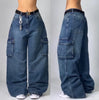 American New Blue Washed Multi-Pocket Baggy Jeans Men Y2K High Street Punk Vintage Popular Couples Casual High Waist Trousers