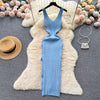 Women V Neck Solid Ribben Knitted Dresses Casual All Match Slimple Sexy Package Hips Bodycon Dress Elegant Vestidos Streetwear