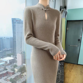 100% Pure Mink Cashmere Knitted Dress Women Stand up Collar Button Long Skirts Casual High Waist over Knee Dress New Thick Skirt