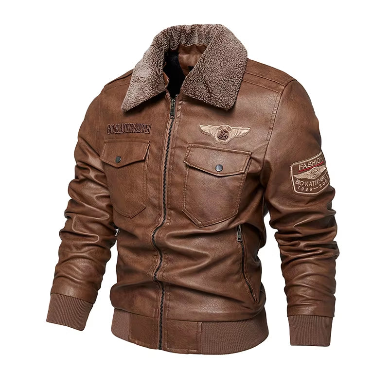 Men'S Autumn and Winter Embroidery Original Leather Moto & Biker Coat Jacket Motorcycle Style Casual Warm Overcoat