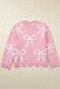 Pearl Detail Bow Round Neck Long Sleeve Sweater