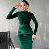 2024 Spring Summer Velvet Long Sleeve Midi Dress for Women Ruched Long Dress Elegant Party Clothes Evening Green Outfits