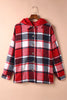 Red Printed Plus Size Plaid Button up Hooded Jacket