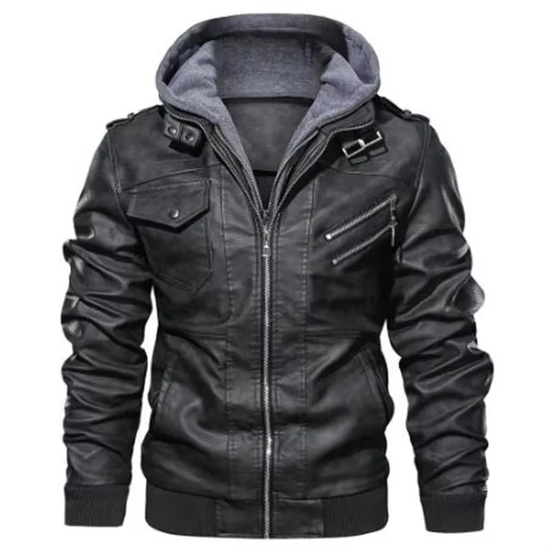 New Fashion Male Street Wear Motorcycle Leather Jackets Hat Detachable Men Hooded Leather Jackets Slim Casual Leather Coats 5XL