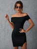 2022 Summer New Solid off the Shoulder Notched Hem Bodycon Dress