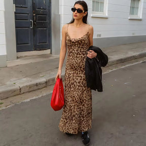 Ladies Vintage Leopard Print Women Sexy Spaghetti Strap Summer Dress Chic Swing Collar Backless Party Club Long Dresses Female