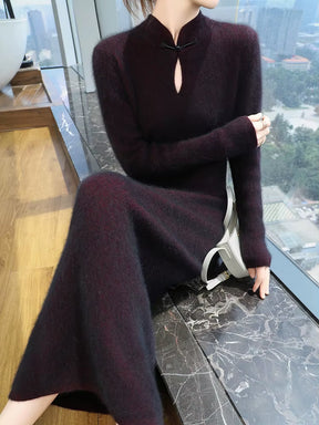 100% Pure Mink Cashmere Knitted Dress Women Stand up Collar Button Long Skirts Casual High Waist over Knee Dress New Thick Skirt