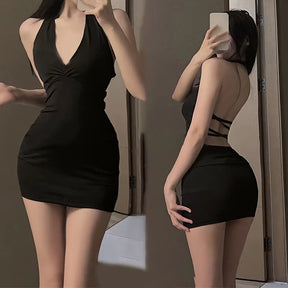 1Pc Erotic Dress Sexy Women Uniform V Neck Slim Backless Seductive One-Piece Dress Nightclub Party Mini Dresses