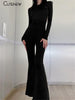 Solid Black Sexy Backless Bodycon Wide Leg Jumpsuit Women Autumn Casual Slim Long Sleeve O-Neck Playsuit Lady Streetwear