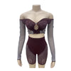 Mesh Hollow Out Two Piece Sets for Women Sexy Long Sleeve Crop Tops and Shorts Matching 2024 Coquette Nightclub Outfits