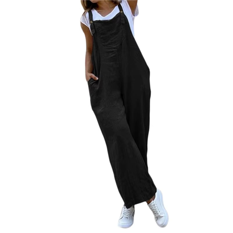 Summer Jumpsuit for Women Solid Color Jumpsuit Casual Long Pant Pockets Button Wide Leg Strap Jumpsuit Loose Rompers Overalls