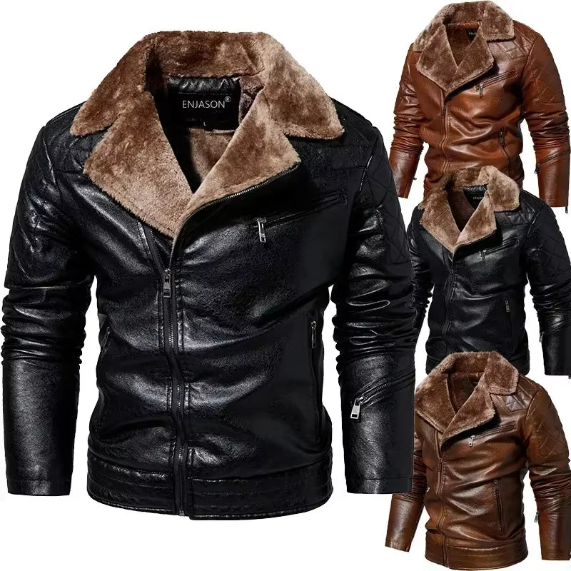 Fashion Warm Winter Men'S Leather Jacket with Fur Collar Thicken Fleece Motorcycle Coat Casual Faux Leather Locomotive Jacket