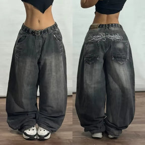 Streetwear New Vintage Letter Printing Washed Baggy Jeans Women Y2K Harajuku Hip Hop Popular Gothic High Waist Wide Leg Pants