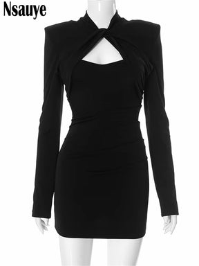 Sexy Women Night Club Evening Party Short Dress Long Sleeve Elegant Fashion Low Cut Out Black Mini Wrap Dress Winter 2024