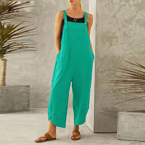 Women Large Cotton Linen Strap Loose Jumpsuit Summer Casual Wide Leg Ankle Length Fashion Jumpsuit Solid Color Pockets Romper