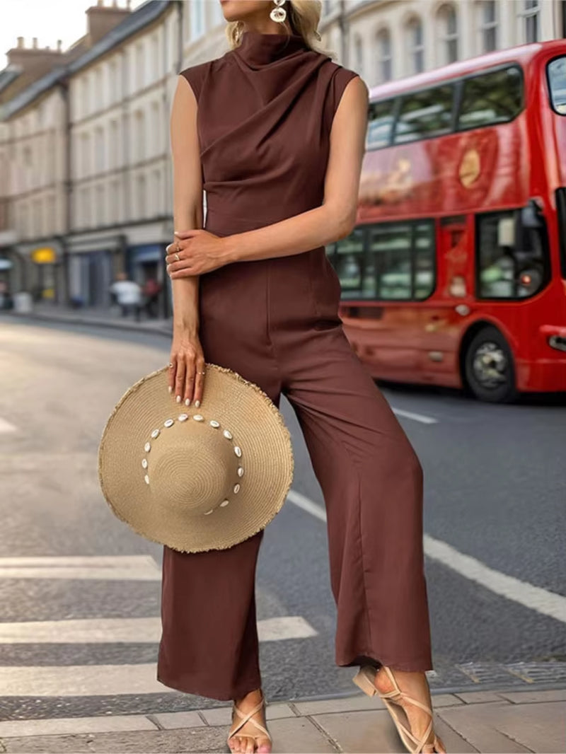 Fashion Straight Jumpsuit Women'S Sleeveless Wide Leg Jumpsuit Work Daily Wear Elegant Pure Color Half High Collar Summer Pants