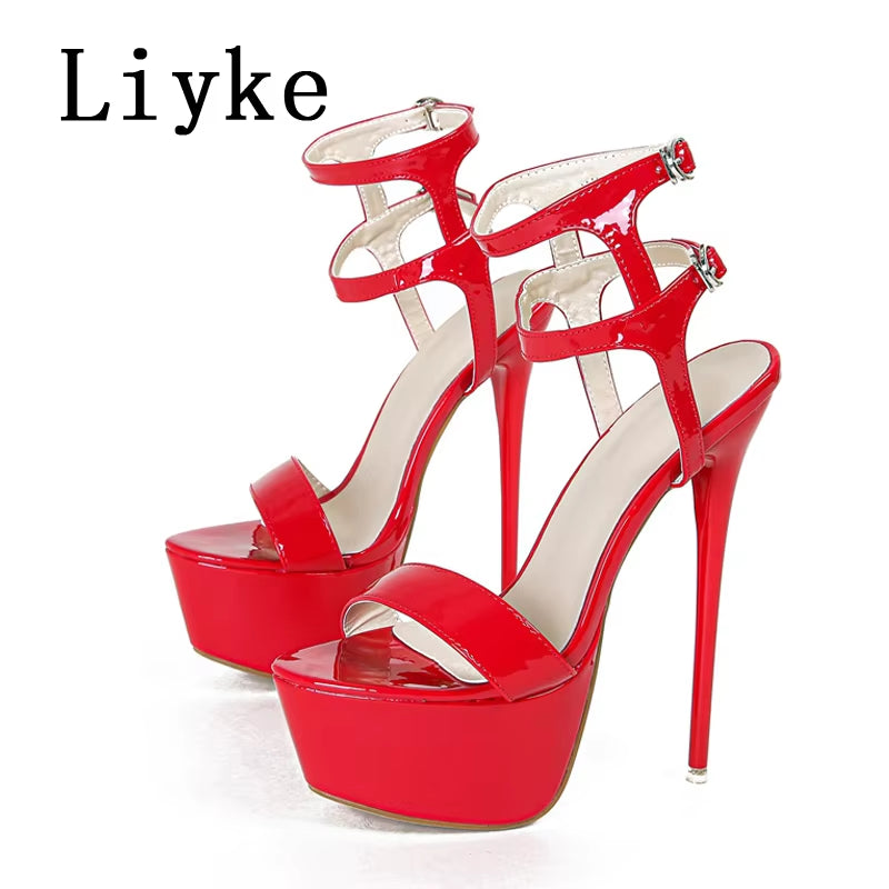 Sexy Red High Heels Platform Sandals for Women Fashion Double Buckle Strap Open Toe Wedding Banquet Shoes Big Size 45 46