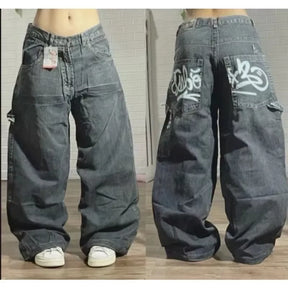 2024 New American Harajuku Retro Straight High Waist Y2K Street Style Women Washed Blue Pockets Baggy Jeans Gothic Wide Pants