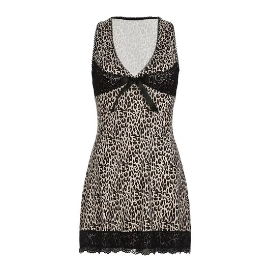 Leopard Lace Trim V-Neck Women Short Dresses Slim Sexy Gyaru High Fashion Bow Lace up Camisole Dresses