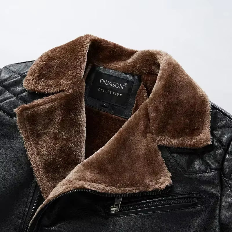 Fashion Warm Winter Men'S Leather Jacket with Fur Collar Thicken Fleece Motorcycle Coat Casual Faux Leather Locomotive Jacket