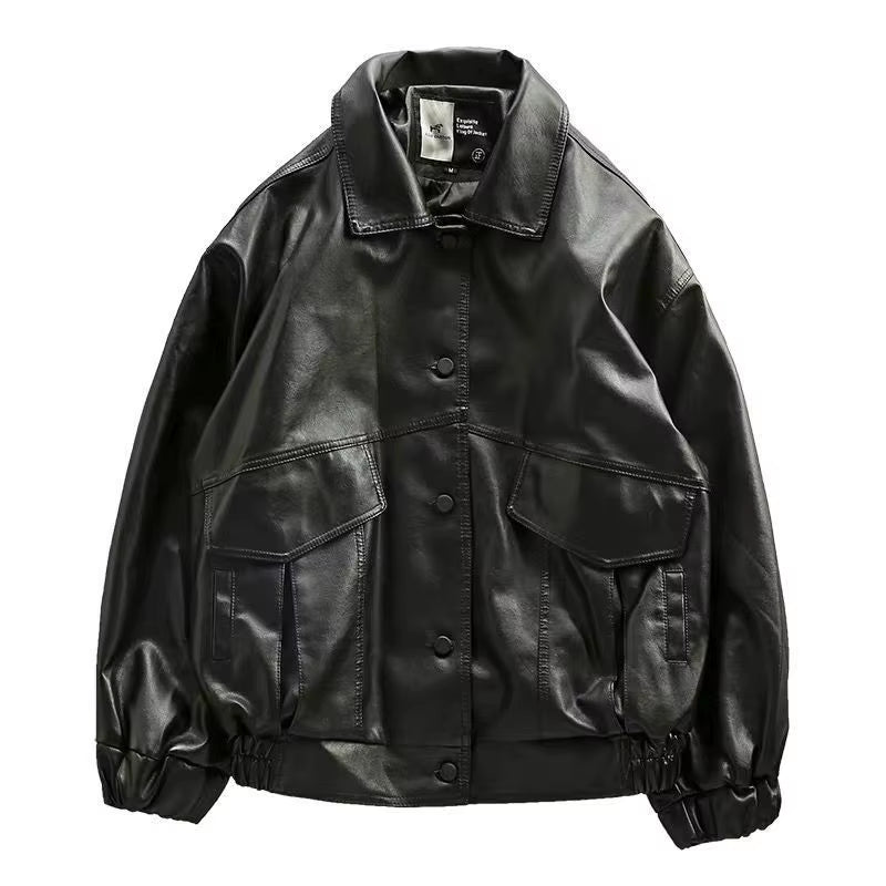 New Retro Youth Soft Leather Men'S Loose Korean Lapel Locomotive Suit Tactical Bomber Jacket Handsome Oversized Streetwear Coat