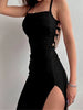 Sexy Black Long Bodycon Dress Women Summer Sleeveless Blackless Halter Neck Spaghetti Strap Dresses High Split Vestidos