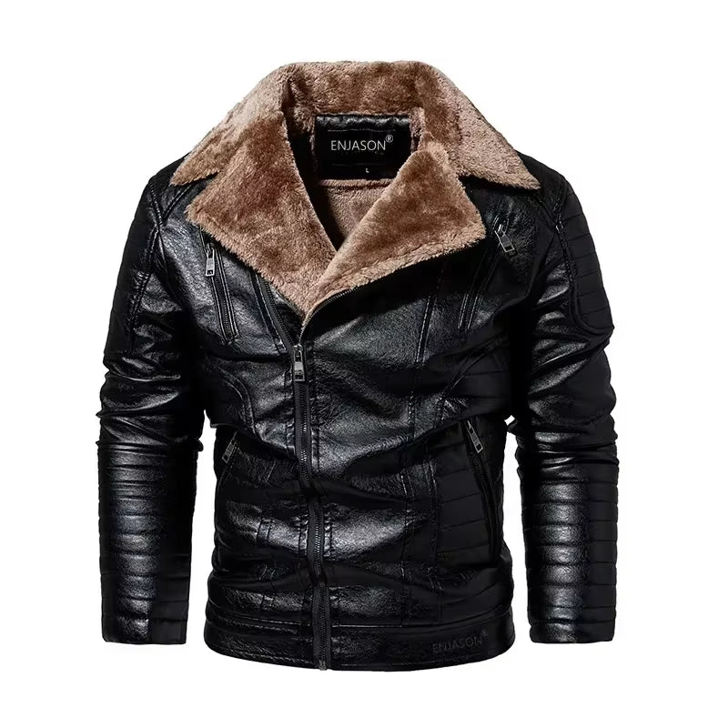 Fashion Warm Winter Men'S Leather Jacket with Fur Collar Thicken Fleece Motorcycle Coat Casual Faux Leather Locomotive Jacket