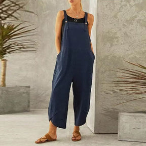 Women Large Cotton Linen Strap Loose Jumpsuit Summer Casual Wide Leg Ankle Length Fashion Jumpsuit Solid Color Pockets Romper